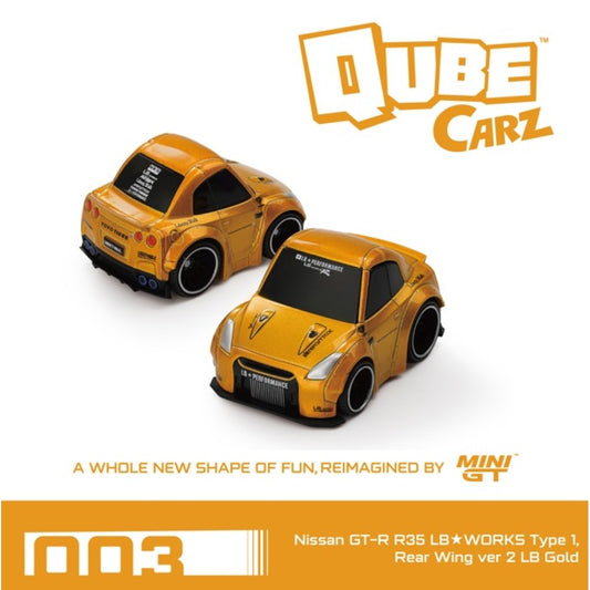 PRE ORDER STOCKS DUE DECEMBER 2025 / JANUARY 2026 1:64 MINI GT QZ003 QUBECARZ NISSAN GT-R R35 LB WORKS TYPE 1 REAR WING VER 2 LB GOLD