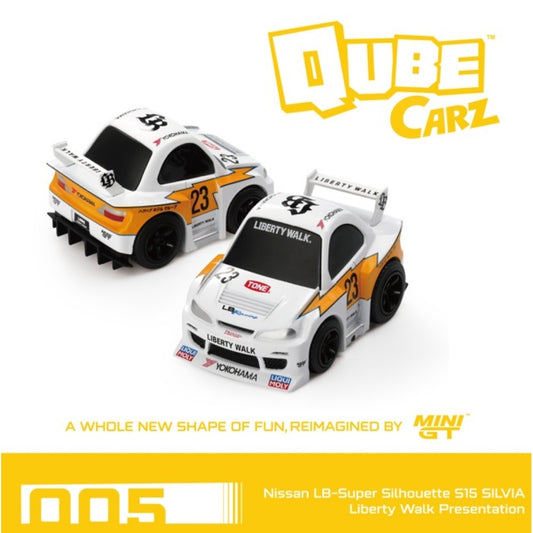 PRE ORDER STOCKS DUE DECEMBER 2025 / JANUARY 2026 1:64 MINI GT QZ005 QUBECARZ NISSAN LB-SUPER SILHOUETTE S15 SILVA LIBERTY WALK PRESSENTATION