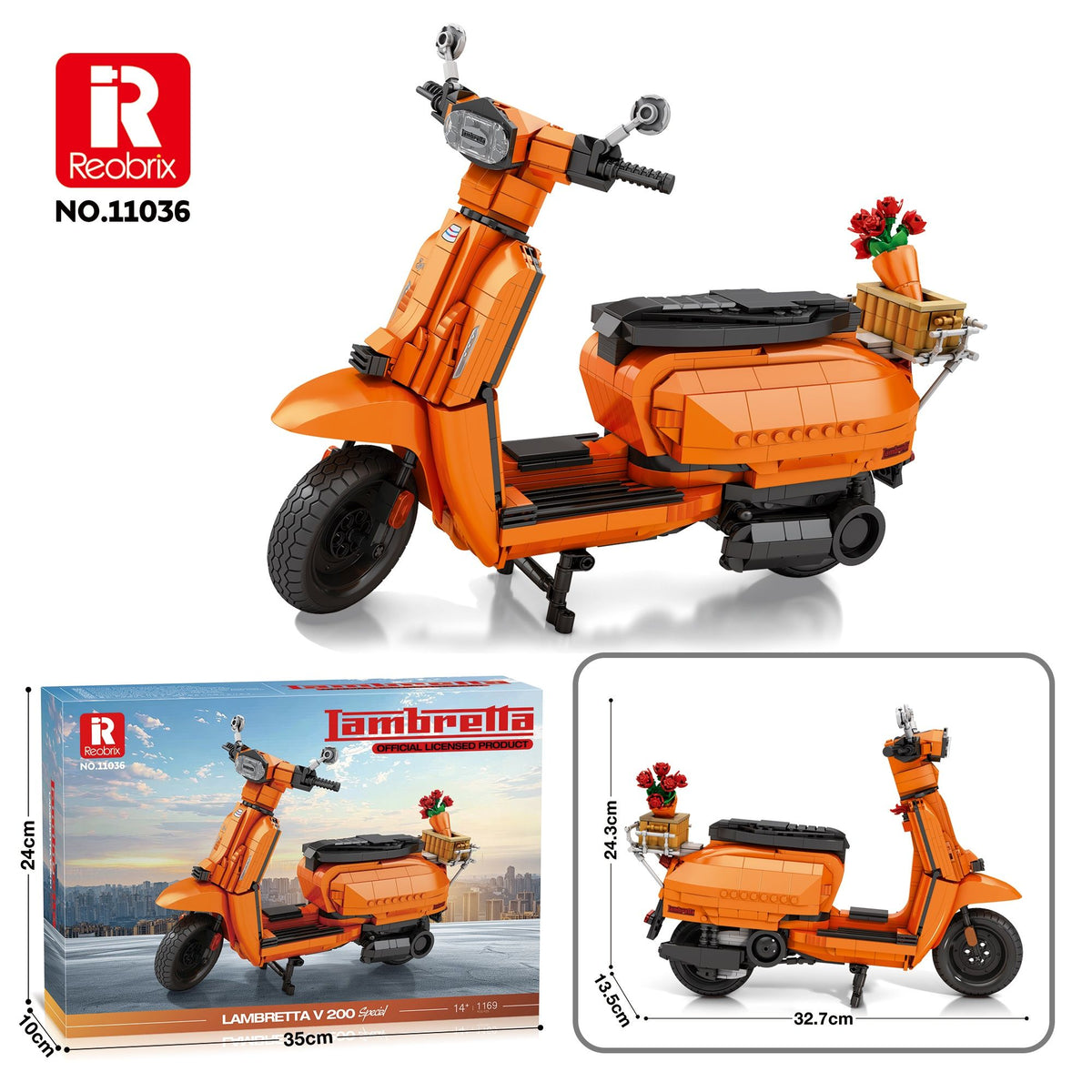 Available To Order – Lambretta V200 Scooter Orange (1169pcs) 32.7 CM Reobrix Model (REO 11036)