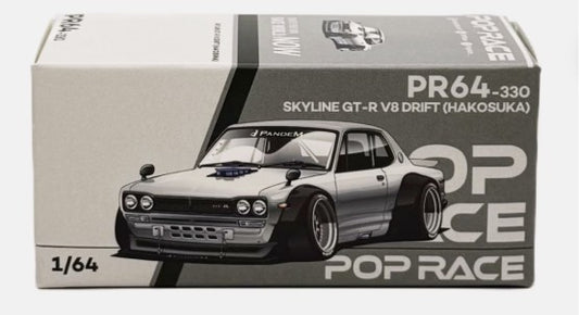 A 1/64 scale model kit box for a Panarai Skyline GT-R V8 Drift (Hakosuka) by Pop Race, featuring a silver and black car illustration on a white and gray background.