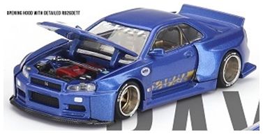 Nissan Skyline GT-R (R34) Kaido Works (V2 Aero) Shinjuku V2 1:64 Mini GT Model (view 2)