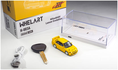 Available to Order – Mitsubishi Evo 3 Yellow Light-up 1:64 Whelart Model (WHE 003A)