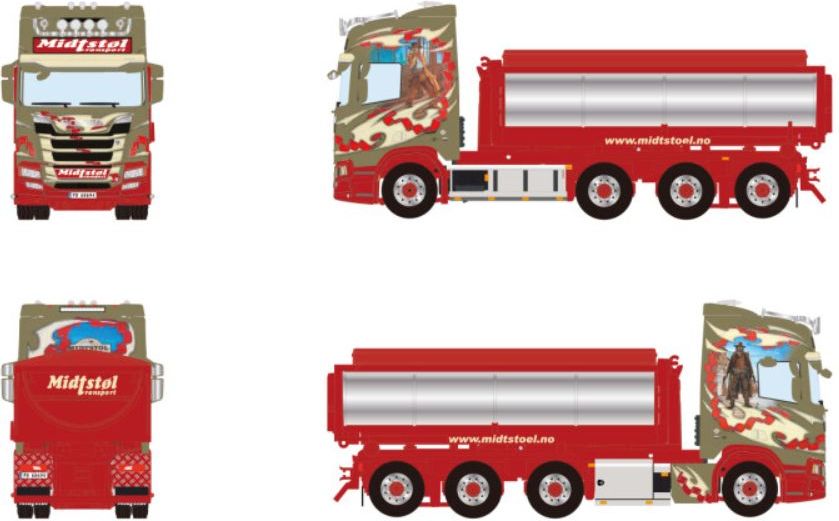 Available To Order – Scania R Highline CR20H 8x4 Riged Truck Hooklift System + Container 'Midtstol' 1:50 (WSI 01-3673)