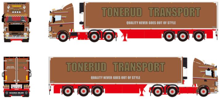 Available To Order – Scania 4 Series Flat Roof 6x2 TAG Axle Reefer Trailer Tonerud 1:50 (WSI 01-4396)