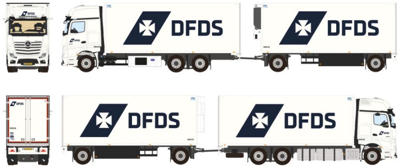 Available To Order – Mercedes Actros MP5 Giga Space Riged Reefer 6x2 Reefer Drawbar Turntable DFDS 1:50 (WSI 01-4547)