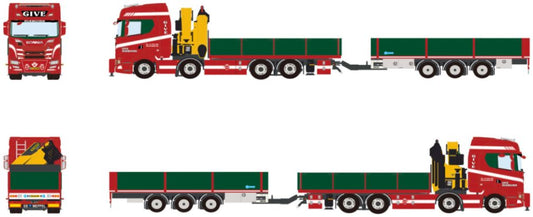 Scania S Highline CS20H Riged 8x2 Flatbed Drawbar Trailer 3 Axle w/Palfinger PK 480 1:50 WSI Models Model (view 2)