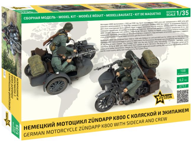 Available To Order – German WWII Zuendapp K800 Motorcycle with Sidecar & Crew 1:35 Zvezda Model (ZVE 3717)
