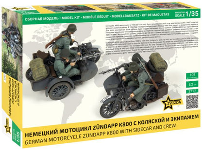 Available To Order – German WWII Zuendapp K800 Motorcycle with Sidecar & Crew 1:35 Zvezda Model (ZVE 3717)