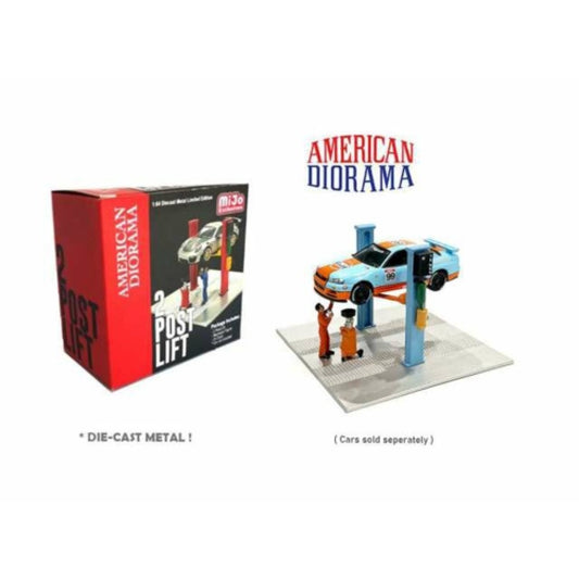 Available to Order – 2 Post Lift with Oil Drainer and Mechanic Figure, Light Blue 1:64 American Diorama Model (AD38379)