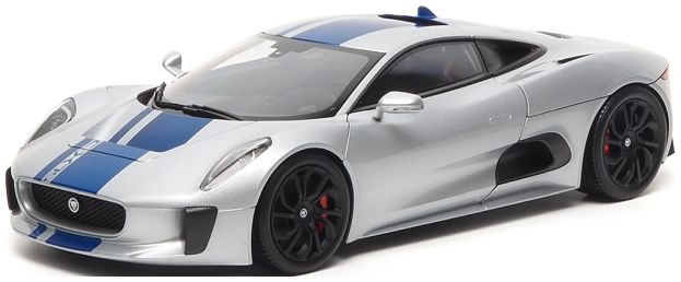 Available to Order – Jaguar C-X75 2013 Lightning Silver w/Gloss Blue Stripes 1:18 (ALM 810601)