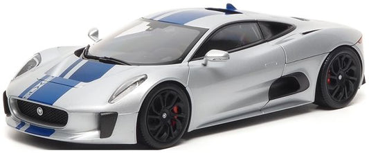 Available to Order – Jaguar C-X75 2013 Lightning Silver w/Gloss Blue Stripes 1:18 (ALM 810601)