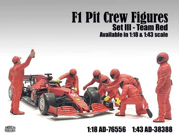 Available To Order – F1 Pit Crew Figures Set #3 Team Red (7 x Figures) 1:18 American Diorama Model (AMD 76556)