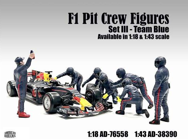 Available To Order – F1 Pit Crew Figures Set #3 Team Blue/ Purple (7 x Figures) 1:18 American Diorama Model (AMD 76558)