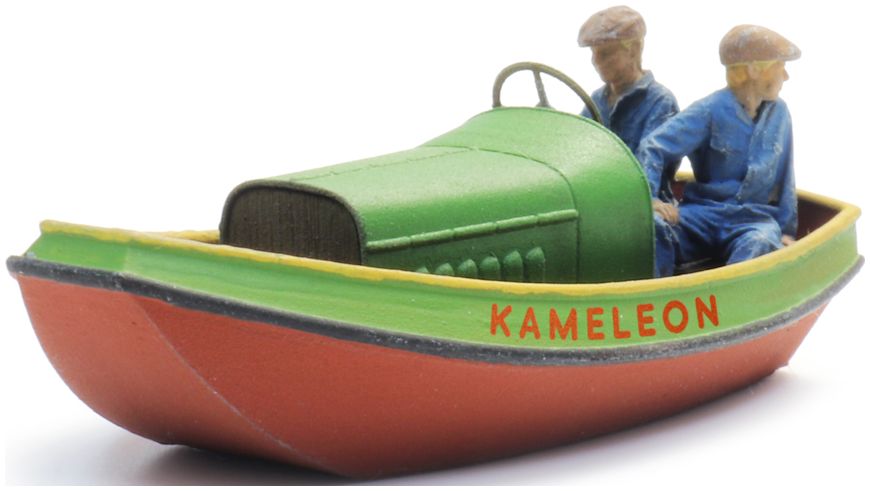 Available To Order – Frisian Steel Motor Boat Waterline w/2 Figures Ready-Made, Painted 1:87 Artitec Model (ATT 387587)