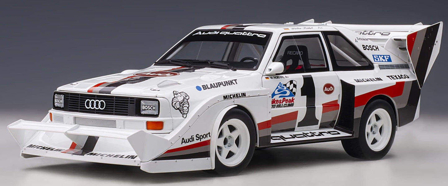 Available To Order – Audi Quattro S1 Pikes Peak Winner 1987 Rohrl #1 (Full Openings) 1:18 (AUT 88700)