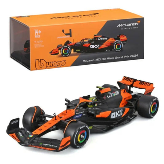 McLaren MCL38 Miami Grand Prix Formula 1 2024 Lando Norris with Helmet 1:24 Bburago Model Car (BG28033N)