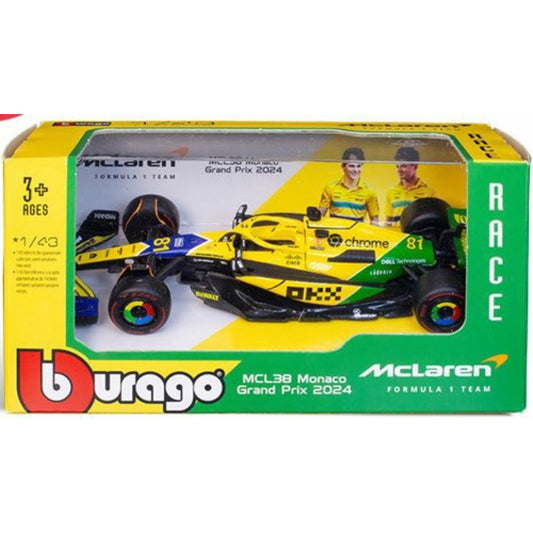 THIS ITEM IS AVAILABLE TO ORDER FROM OUR SUPPLIER - 1:43 BURAGO BG38214PS MCLAREN MCL38 F1 2024 PIASTRI SENNA LIVERY MONACO 2024 SPECIAL- CARD BOX