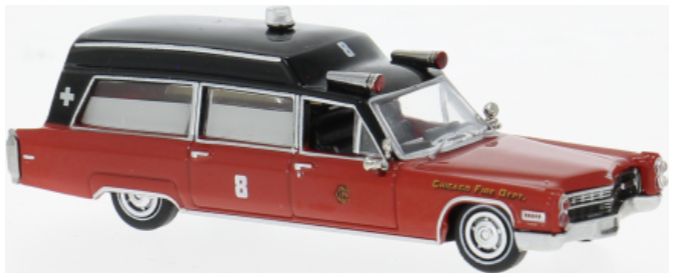 Available To Order – Cadillac Miller Meteor Ambulance 1966 Chicago Fire Dept 1:87 (BRE 19780)