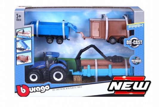 Available To Order – New Holland T7.315 Motorized w/Tipping Trailer/Livestock Trailer/Tree Forwarder 10CM Bburago Model (BUR 31668N)
