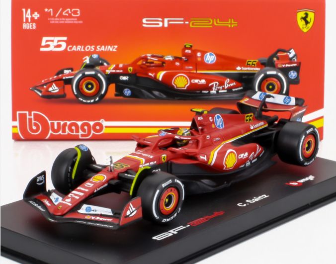 Available To Order – Ferrari F1 SF-24 #55 4th Italy Monza GP 2024 Carlos Sainz w/Pilot + Showcase 1:43 (BUR 36843-S-MONZA)