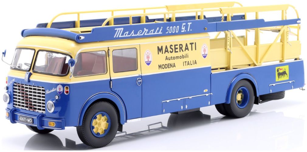 Available To Order – Fiat 642 RN2 Bartoletti Maserati Race Car Transporter 1957 Blue/Yellow 1:18 (CMR 141)