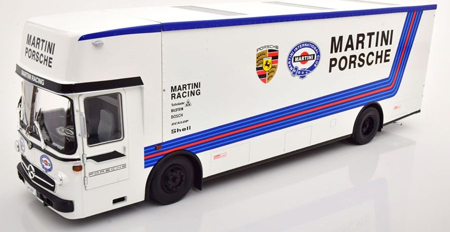 Available to Order – Mercedes O317 Porsche Race Transporter Martini 1968 White 1:18 (CMR 154)