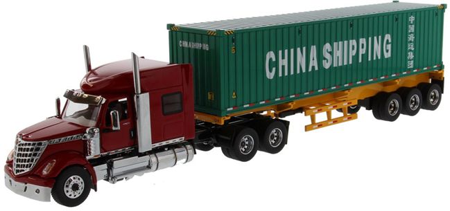 International LoneStar Day Cab Grey Skeleton Trailer 40' China Container 1:50 – diecast model
