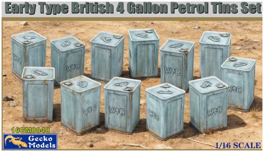 Petrol Tins 4 Gallon Early Type British (x12) 1:16 Gecko Models