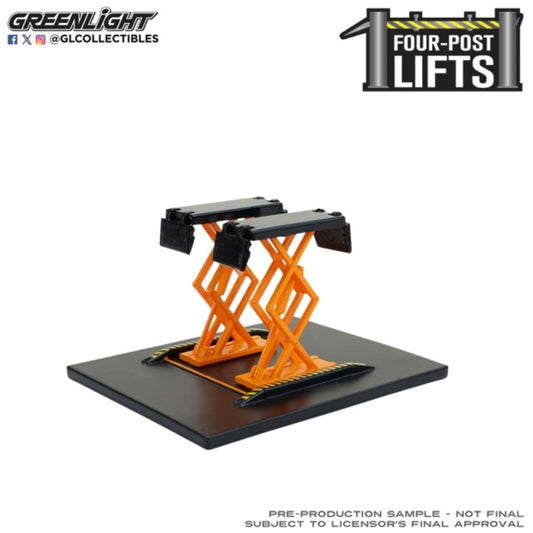 Available To Order – Auto Body Shop - Automotive Double Scissor Lifts Series 2 - Orange and Black 1:64 GreenLight Model (GL16220-A)