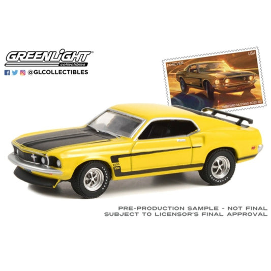 THIS ITEM IS AVAILABLE TO ORDER FROM OUR SUPPLIER - 1:64 GREENLIGHT GL30373 1969 FORD MUSTANG BOSS 302 USPS 2022 PONY CAR STAMP COLLECTION BY ARTIST TOM FRITZ (HOBBY EXCLUSIVE)