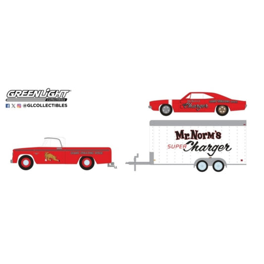 THIS ITEM IS AVAILABLE TO ORDER FROM OUR SUPPLIER - 1:64 GREENLIGHT GL31170-A RACING HITCH AND TOW SERIES 5 -1966 DODGE D-100 AND 1969 DODGE CHARGER SUPER CHARGER - MR NORM'S WITH ENCLOSED CAR HAULER