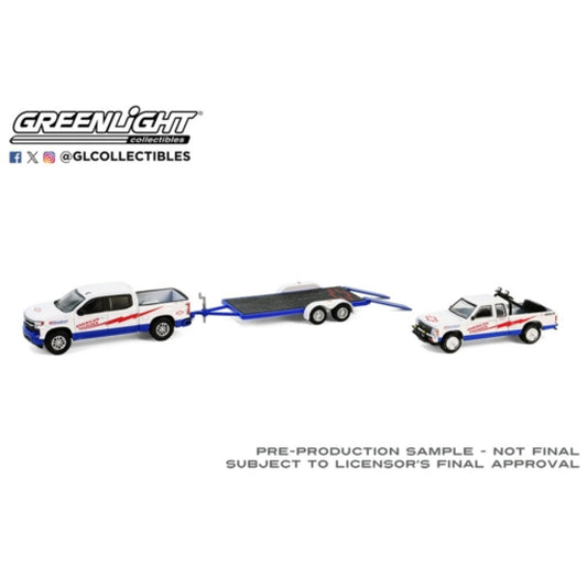 THIS ITEM IS AVAILABLE TO ORDER FROM OUR SUPPLIER - 1:64 GREENLIGHT GL31170-C RACING HITCH & TOW SERIES 5 - 2023 CHEVROLET SILVERADO 1500 AND 1989 CHEVROLET S-10 BAJA-AMERICAN THUNDER WITH FLATBED TRAILER