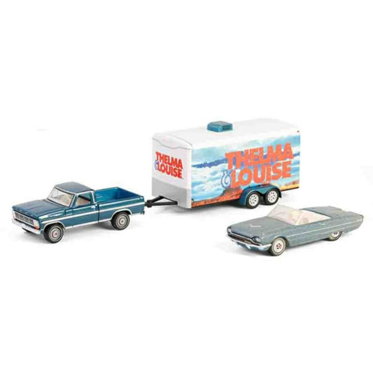 THIS ITEM IS AVAILABLE TO ORDER FROM OUR SUPPLIER - 1:64 GREENLIGHT GL31180-B HOLLYWOOD HITCH AND TOW SERIES 13 - THELMA AND LOUISE -1991 - 1966 FORD THUNDERBIRD CONVERTIBLE - DUST COVERED (TOP-DOWN) WITH 1967 FORD F-250