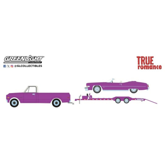 THIS ITEM IS AVAILABLE TO ORDER FROM OUR SUPPLIER - 1:64 GREENLIGHT GL31180-C HOLLYWOOD HITCH AND TOW SERIES 13 - TRUE ROMANCE(1993) CLARENCE AND ALABAMAS 1974 CADILLAC ELDORADO CONVERTIBLE (TOP DOWN) WITH 1972 CHEVROLET C30 AND HEAVY