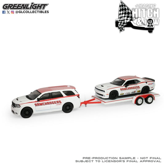 Available to Order – Racing Hitch and Tow Series 6 - Dodge Durango 2018 and Dodge Challenger R-t Hemi 2016 with Aerovault Mii Trailer 1:64 GreenLight Model (GL31190-B)