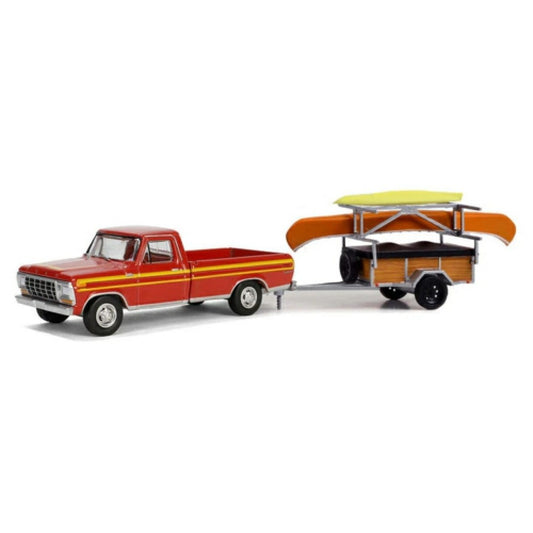 THIS ITEM IS AVAILABLE TO ORDER FROM OUR SUPPLIER - 1:64 GREENLIGHT GL32310-B HITCH AND TOW SERIES 31 - 1978 FORD F-150 RANGER EXPLORER - MAROON WITH ORANGE EXPLORER STRIPES WITH CANOE TRAILER WITH CANOE RACK AND