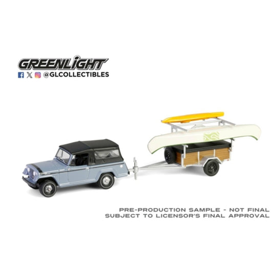 Available to Order – Hitch and Tow Series 32 -1968 Jeep Jeepster Commando Sc-1 Gray with Canoe Trailer, Canoe Rack, Canoe and Kayak 1:64 GreenLight Model (GL32320-B)
