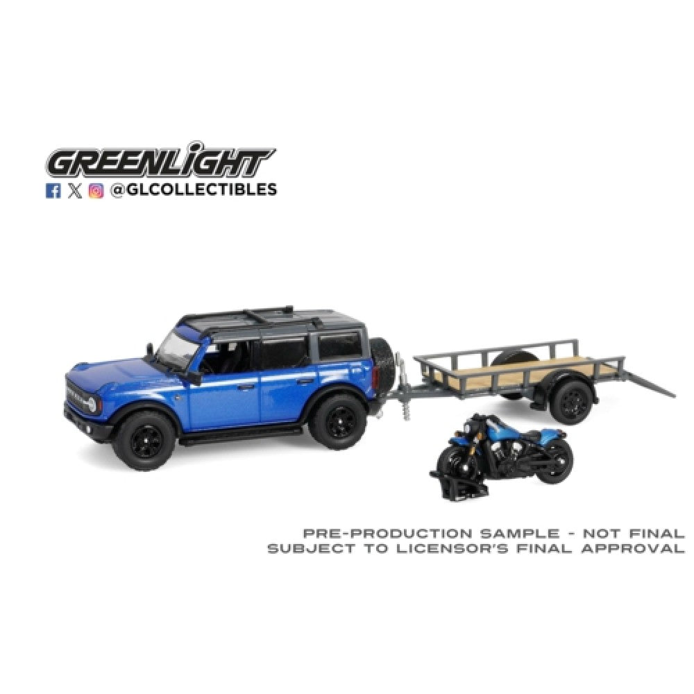 Available to Order – Hitch and Tow Series 32 - 2021 Ford Bronco Black Diamond - Velocity Blue Metallic with Utility Trailer and Motorcycle 1:64 GreenLight Model (GL32320-C)