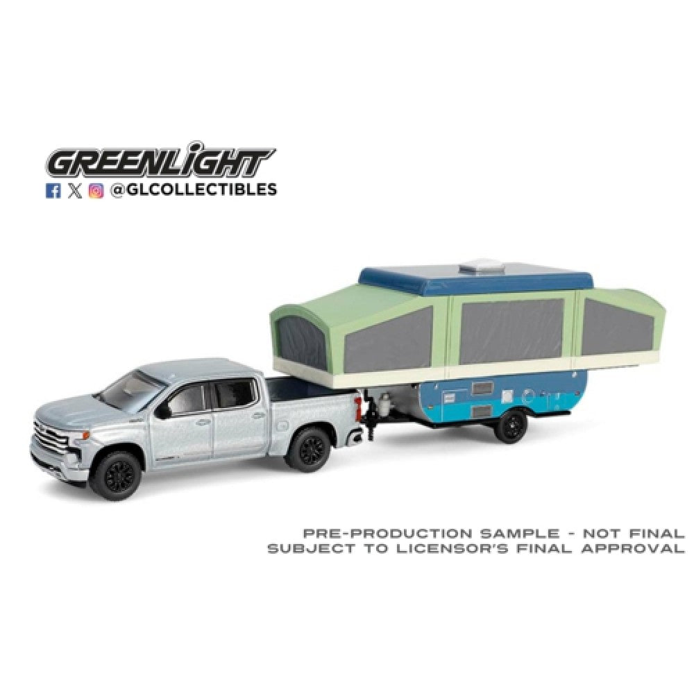 Available to Order – Hitch and Tow Series 32 - 2024 Chevrolet Silverado High Country - Sterling Gray Metallic with Pop up Camper 1:64 GreenLight Model (GL32320-D)