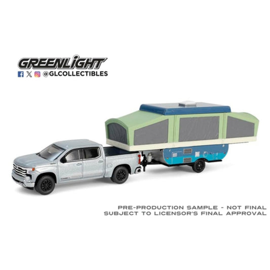 Available to Order – Hitch and Tow Series 32 - 2024 Chevrolet Silverado High Country - Sterling Gray Metallic with Pop up Camper 1:64 GreenLight Model (GL32320-D)