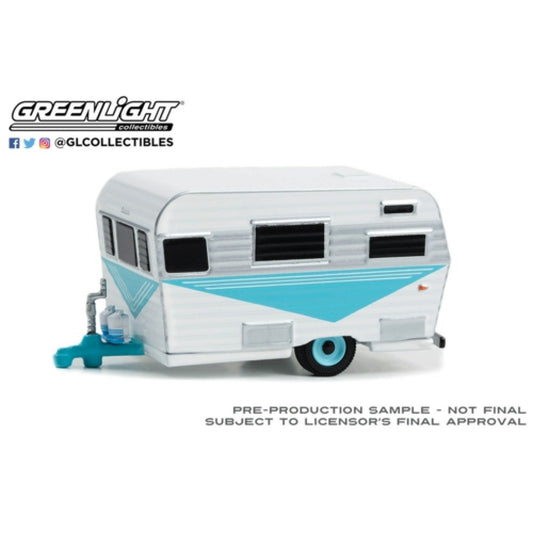 THIS ITEM IS AVAILABLE TO ORDER FROM OUR SUPPLIER - 1:64 GREENLIGHT GL34140-B HITCHED HOMES SERIES 14 1958 SIESTA TRAVEL TRAILER TEAL WHITE AND POLISHED SILVER