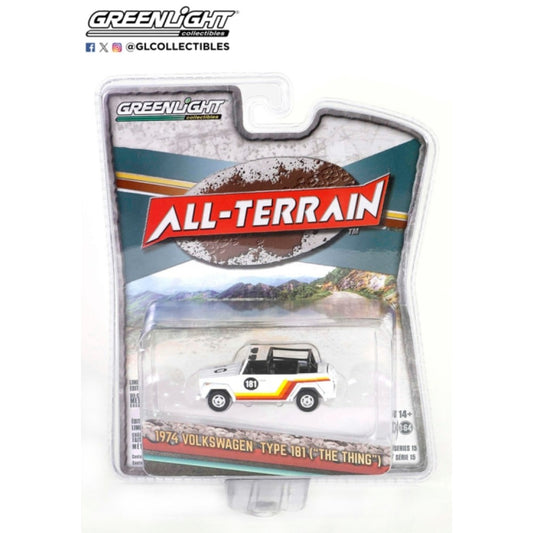 THIS ITEM IS AVAILABLE TO ORDER FROM OUR SUPPLIER - 1:64 GREENLIGHT GL35270-C ALL TERRAIN SERIES 15 ASSORTMENT - 1974 VOLKSWAGEN (TYPE 181) NO.181 - WHITE WITH RED, ORANGE AND YELLOW STRIPES SOLID PACK