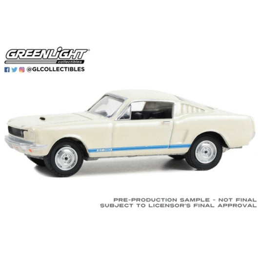 THIS ITEM IS AVAILABLE TO ORDER FROM OUR SUPPLIER - 1:64 GREENLIGHT GL37290-C BARRETT-JACKSON SERIES 12 1965 SHELBY GT350 (LOT NO.1381) WHITE WITH BLUE STRIPES AND BLACK INTERIOR
