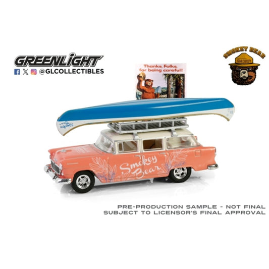 THIS ITEM IS AVAILABLE TO ORDER FROM OUR SUPPLIER - 1:64 GREENLIGHT GL38070-A SMOKEY BEAR SERIES 4 - 1955 CHEVROLET TWO-TEN TRADESMAN WITH ROOF RACK AND CANOE - THANKS, FOLKS FOR BEING CAREFUL!