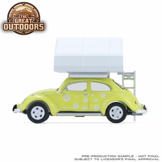 Available to Order – The Great Outdoors Series 4 - Classic Volkswagen Beetle - Yellow Flower Power with Camp'otel Cartop Sleeper 1:64 GreenLight Model (GL38080-A)