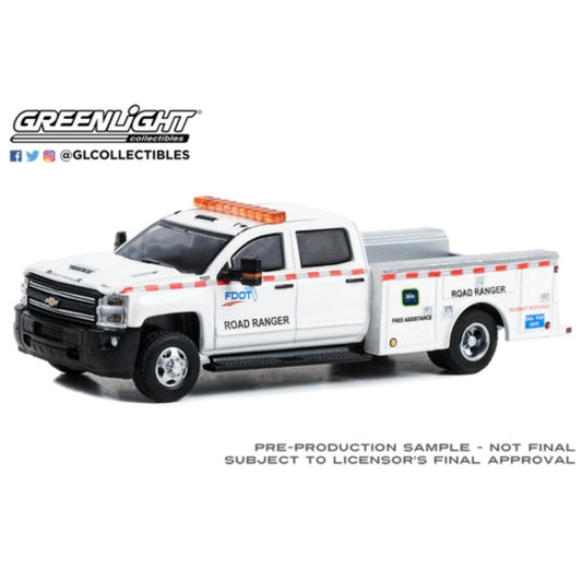 THIS ITEM IS AVAILABLE TO ORDER FROM OUR SUPPLIER - 1:64 GREENLIGHT GL46120-D DUALLY DRIVERS SERIES 12 2018 CHEVROLET SILVERADO 3500 DUALLY SERVICE BED FLORIDA DEPT OF TRANSPORT ROAD RANGER