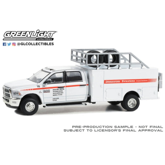 THIS ITEM IS AVAILABLE TO ORDER FROM OUR SUPPLIER - 1:64 GREENLIGHT GL46130-D DUALLY DRIVERS SERIES 13 - 2018 RAM 3500 DUALLY TIRE SERVICE TRUCK - FIRESTONE AND BRIDGESTONE EMERGENCY ROAD SERVICE SOLID PACK