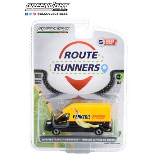 THIS ITEM IS AVAILABLE TO ORDER FROM OUR SUPPLIER - 1:64 GREENLIGHT GL53050-C ROUTE RUNNERS SERIES 5 2019 FORD TRANSIT LWB HIGH ROOF PENNZOIL EXPRESS OIL CHANGE