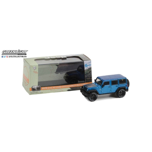 THIS ITEM IS AVAILABLE TO ORDER FROM OUR SUPPLIER - 1:43 GREENLIGHT GL86198 2014 JEEP WRANGLER UNLIMITED BLACK BEAR EDITION - JEEP OFFICIAL BADGE OF HONOR - BLACK BEAR PASS, TELLURIDE, COLORADO - HYDRO BLUE PEARL