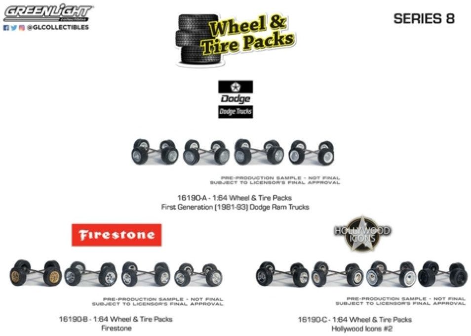 Available to Order – Wheel and Tyre Packs Series 8 6pcs (2 x Firestone/2 x Dodge/2xHollywood Icons) 1:64 (GRE 16190)